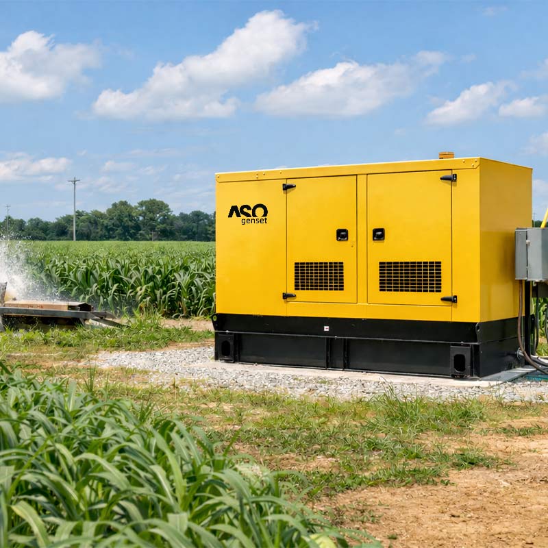 Yellow diesel generator set installed beside a farm field under a blue sky