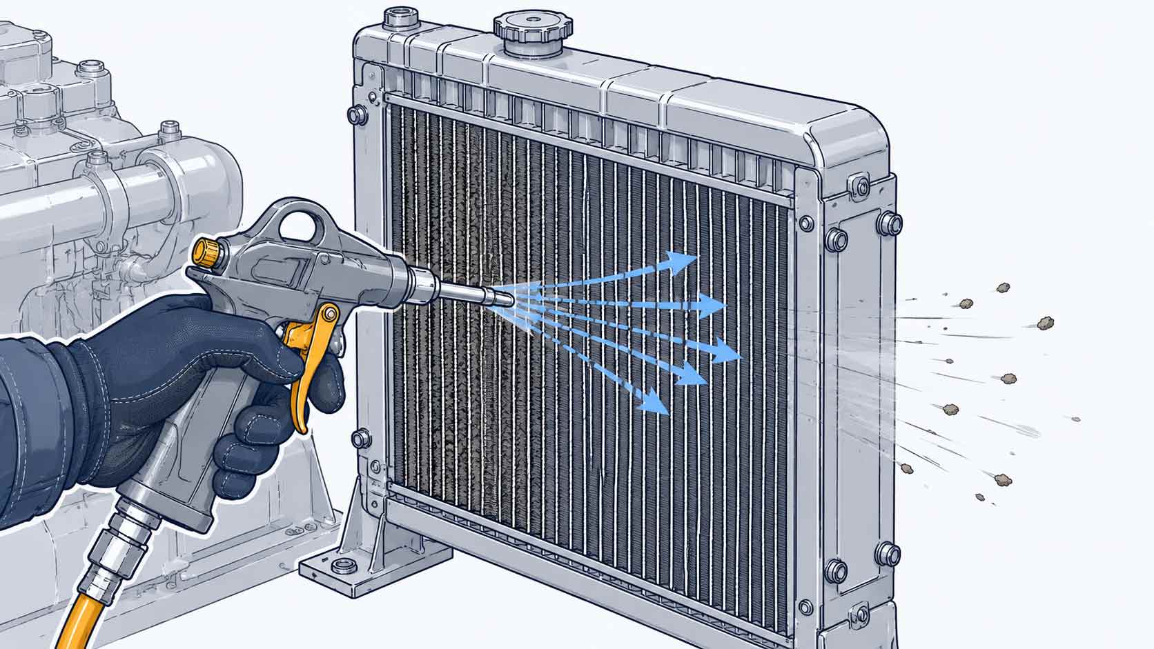 Cleaning generator radiator fins with compressed air