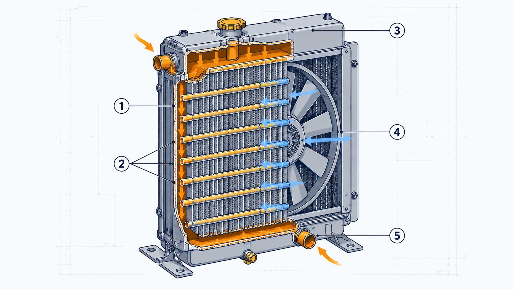 Generator radiator core diagram showing tubes, fins, fan and coolant flow