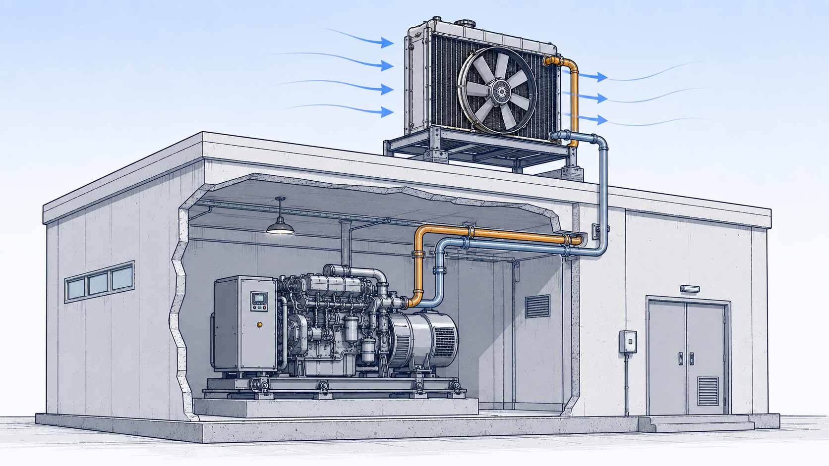 Remote-mounted radiator for an indoor diesel generator