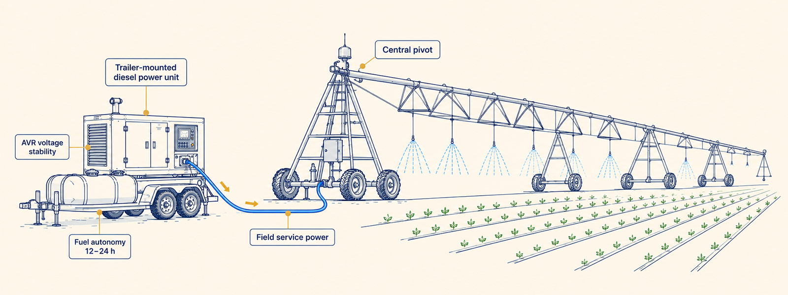 Trailer-mounted diesel power unit with fuel tank powering a center pivot irrigation system in a field