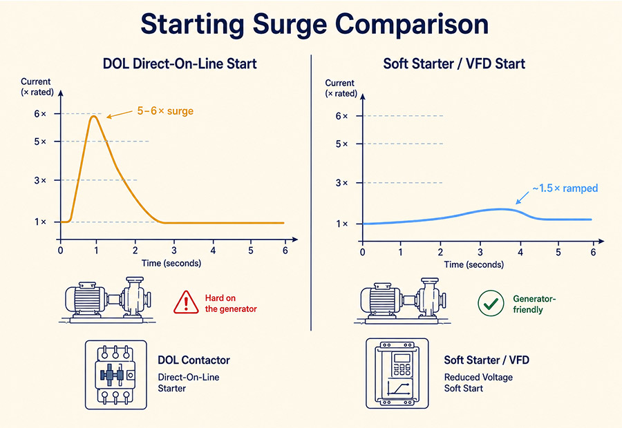 Starting surge comparison: DOL direct-on-line start draws 5-6x rated current vs about 1.5x with a soft starter or VFD