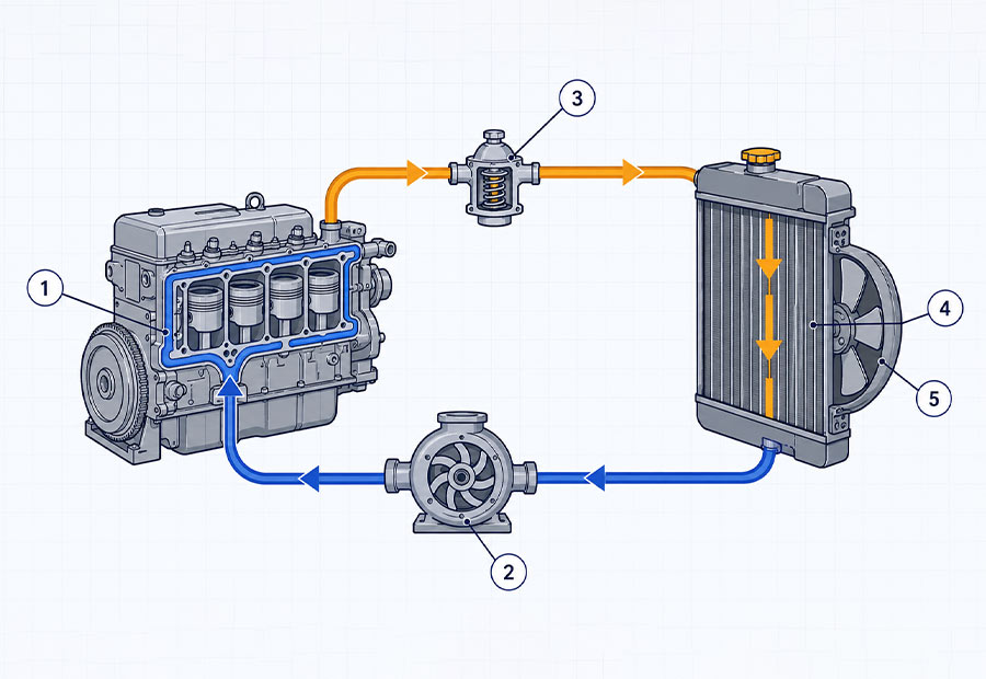 Diesel generator cooling system diagram — engine, water pump, thermostat, radiator and fan