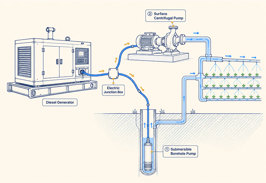 Diagram of a diesel generator powering a submersible borehole pump and a surface centrifugal pump for field irrigation