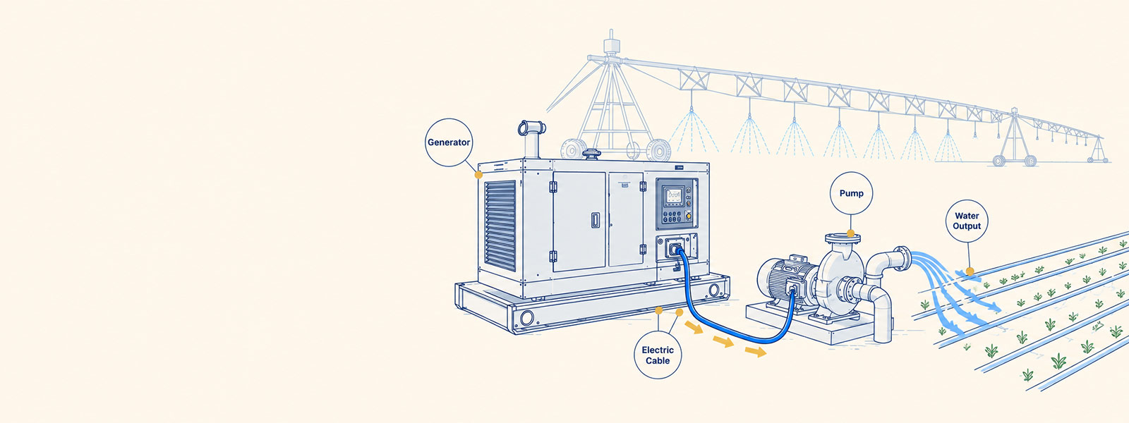 Diesel generator powering an irrigation pump with a center pivot irrigating crops in the background